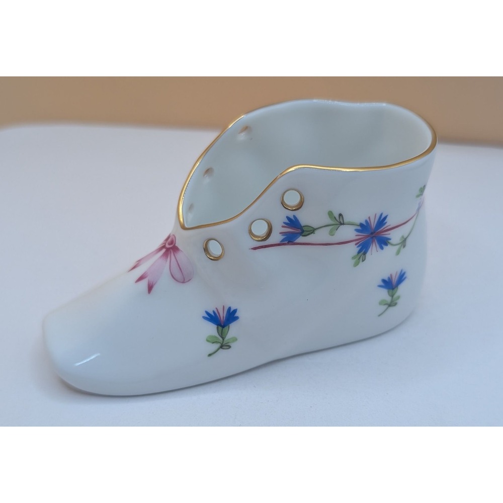 Vintage Herend Hungary Hand Painted Porcelain Blue Floral Pink Bow Shoe 7570 VTG